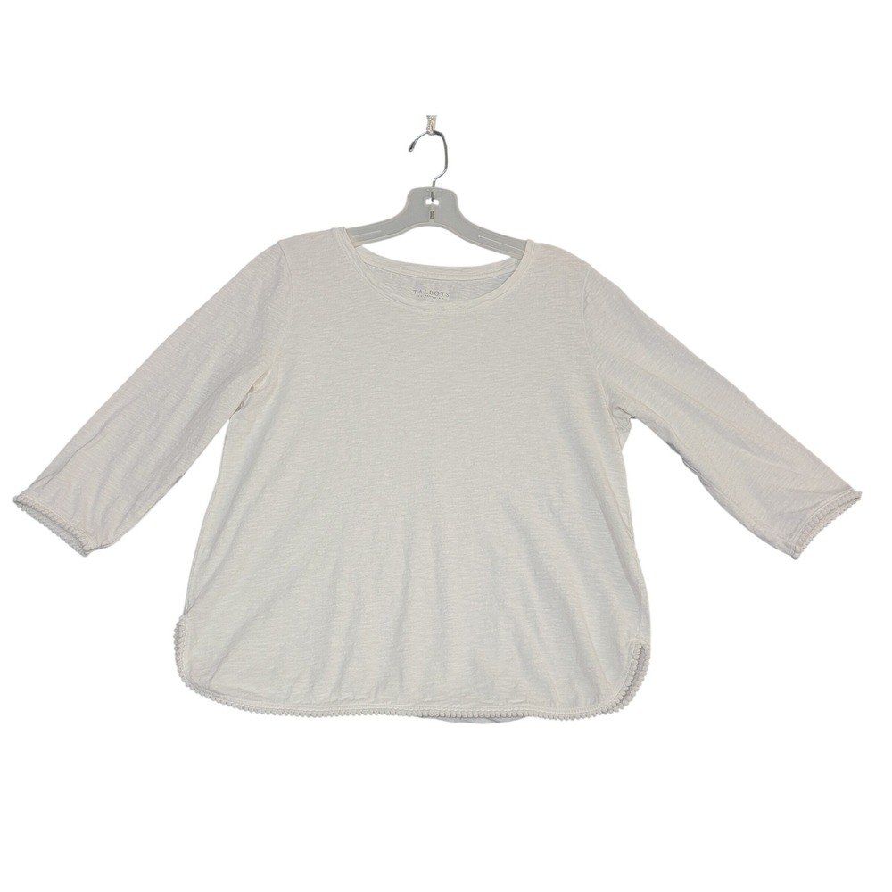Talbots Slub Knit Top Womens MP White 3/4 Sleeve Pom Pom Trim Crew Neck Cotton